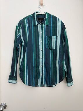 Banana Republic Factory Voile Cotton Striped Button-Down Shirt Green & Teal